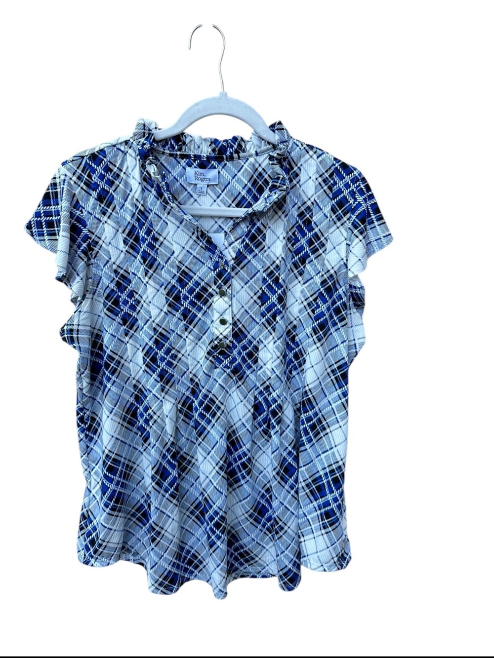 Kim Rogers Blue and White Plaid Short Sleeve Blouse